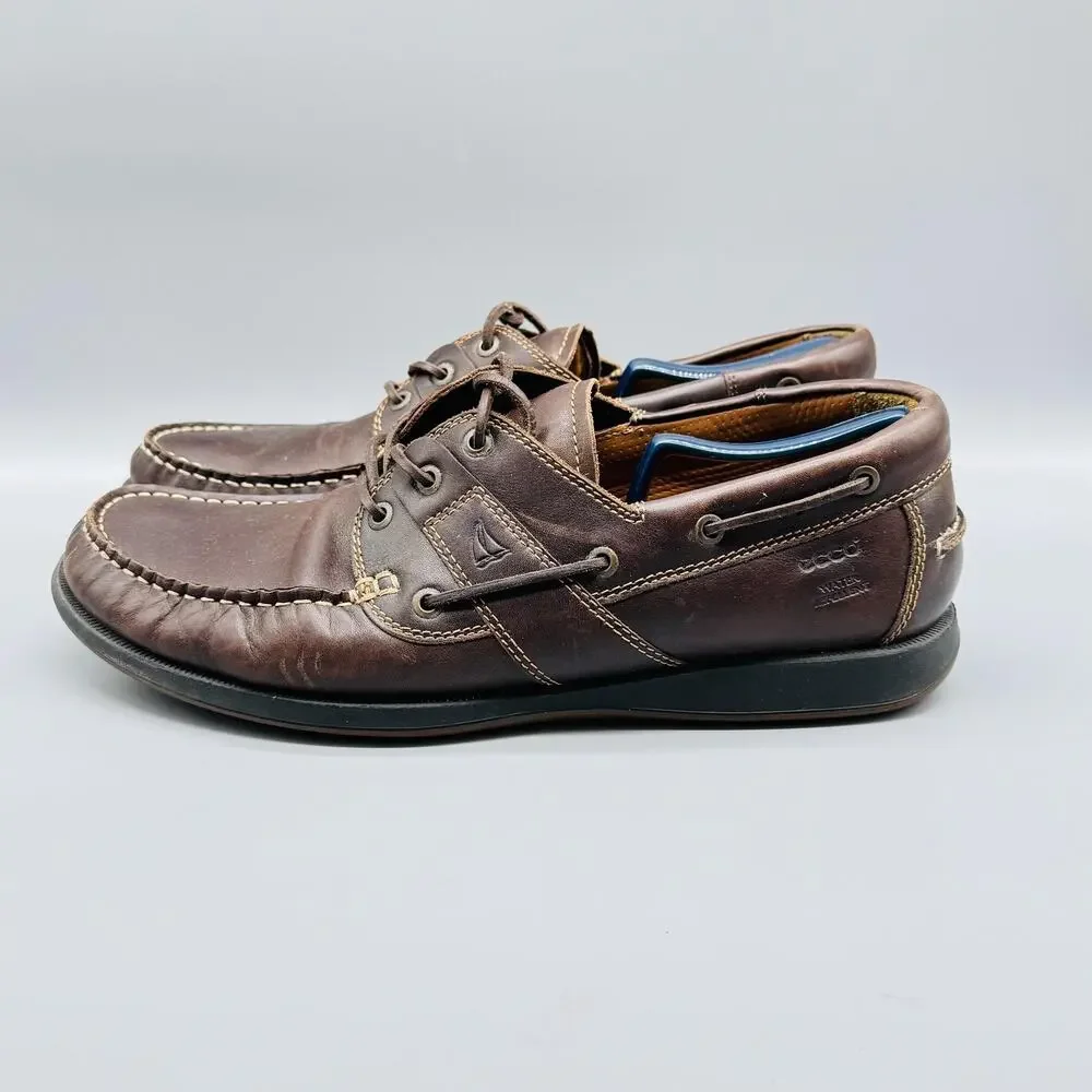 Ecco Shoes Mens 13 Brown Leather Boat Oxford Moc Toe Slip On Comfort Lace Up